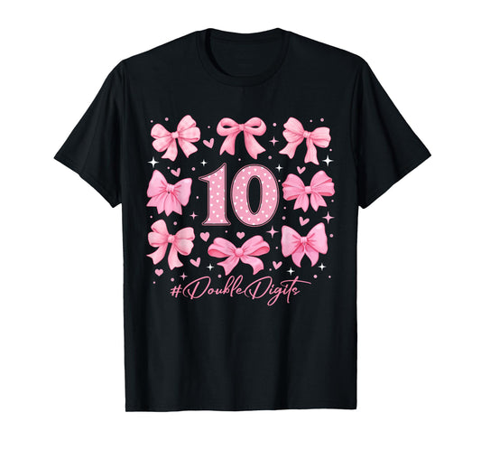 Double Digits Birthday Girl 10th Birthday Coquette Bow Pink T-Shirt