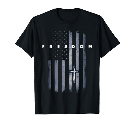 Grunge American Flag and Cross Faith Family Freedom T-Shirt
