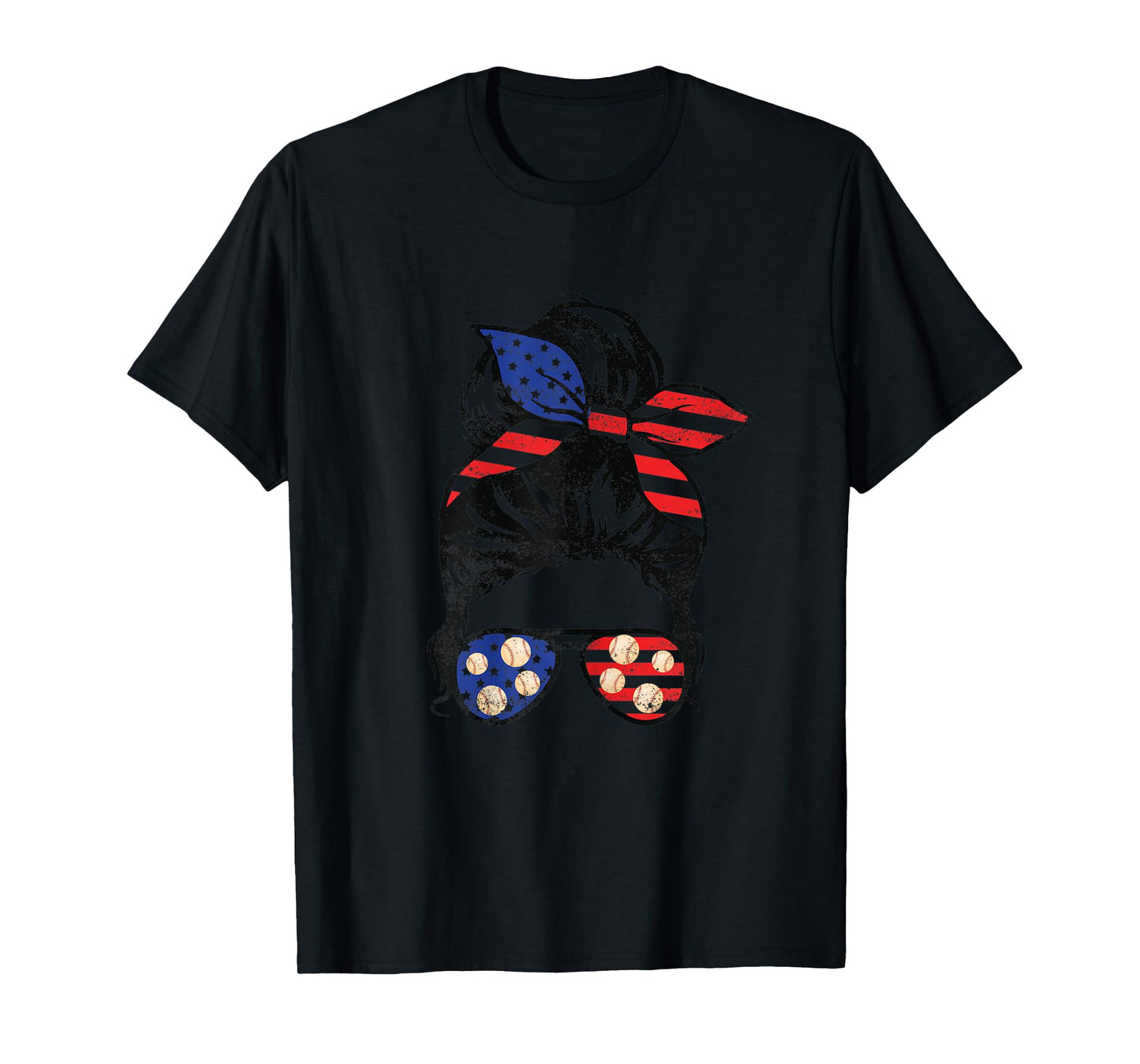 Womens American Flag Baseball Messy Bun Vintage Patriotic 4th July T-Shirt