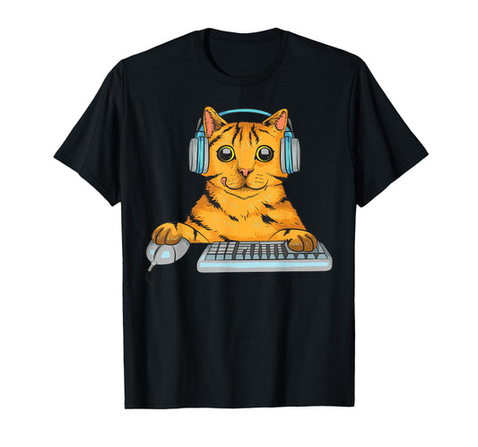 Cute Cat Gamer Gift | Funny Kitten Computer Game Playing T-Shirt