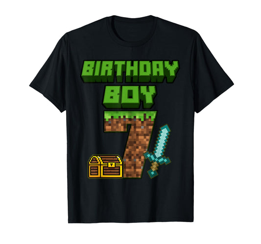 7 Year Old BDay Decorations 7th Birthday Boy Game Pixel T-Shirt