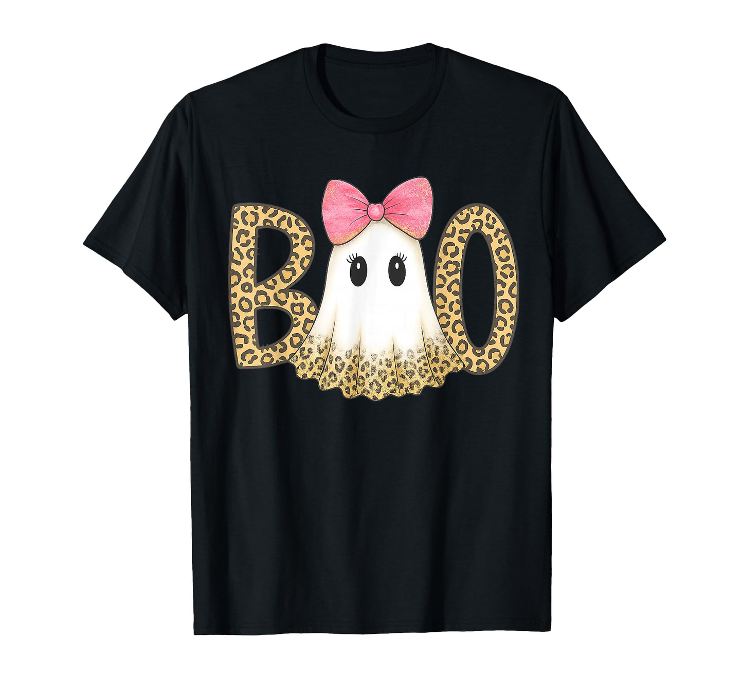 Cute Leopard Print Boo Ghost with Pink Bow Halloween T-Shirt