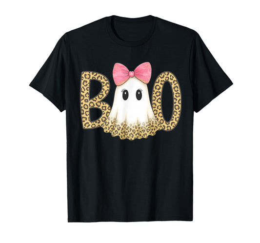 Cute Leopard Print Boo Ghost with Pink Bow Halloween T-Shirt