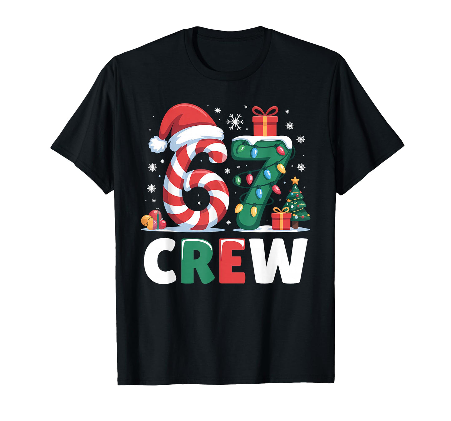 Christmas 67 Crew Brainrot Funny Candy Cane Lights Holiday T-Shirt