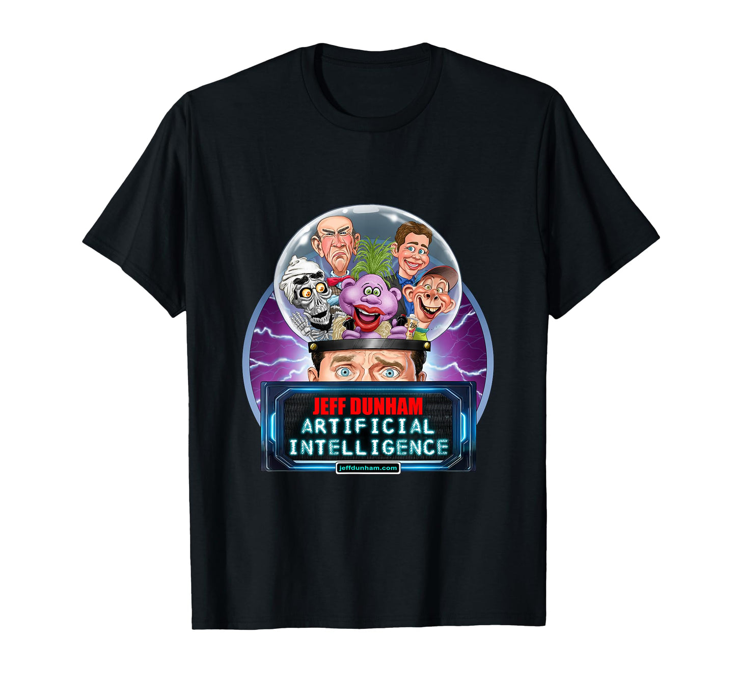 Jeff Dunham: Artificial Intelligence (2025) Unisex T-Shirt - Black, Short Sleeve, Classic Fit, Cartoon Design - Jeff Dunham Fans, Comedy Enthusiasts, Collectors, Kids to Adults