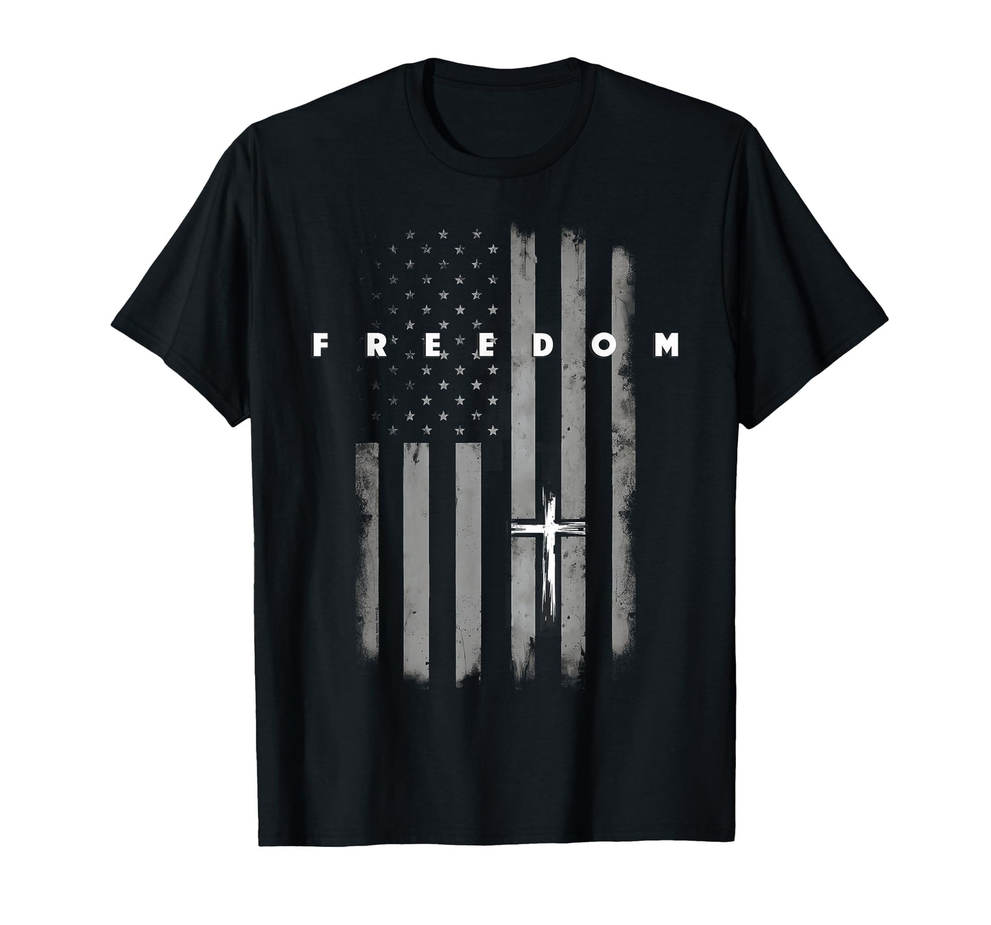 Grunge American Flag and Cross Faith Family Freedom T-Shirt