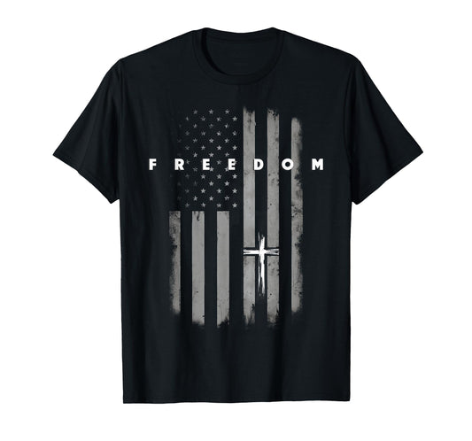 Grunge American Flag and Cross Faith Family Freedom T-Shirt