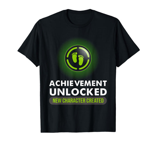 Cute Pregnant Announcement Gamer Dad Mom Designs Funny Achievement Unlocked New Character Created Pregnancy T-Shirt - Unisex-Adults, Kids - Black - Short Sleeve - S - Medium