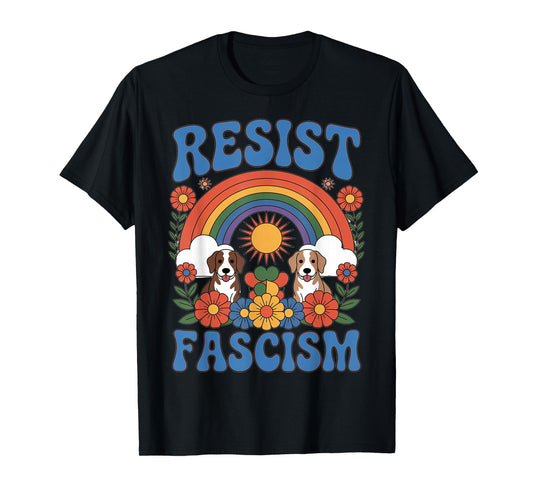 Dogs Resist Fascism Retro Groovy Rainbow No Kings Hippie T-Shirt