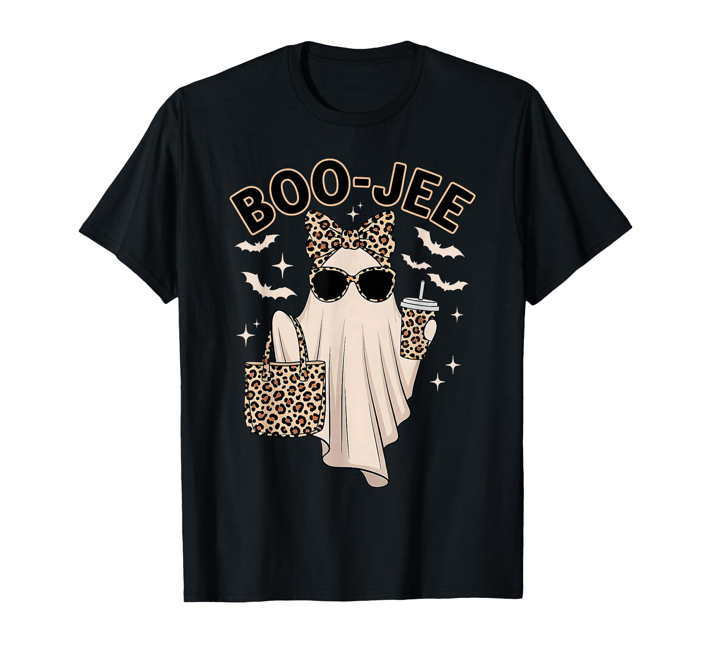 Cute Leopard Boo JEE Ghost Coffee Halloween Costume Women T-Shirt