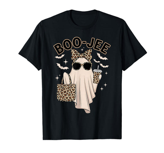 Cute Leopard Boo JEE Ghost Coffee Halloween Costume Women T-Shirt