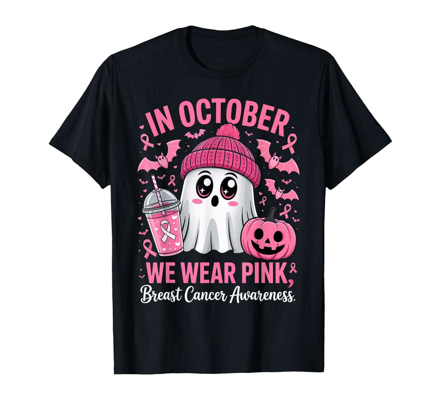 in October We Wear Pink Breast Cancer Awareness Halloween T-Shirt