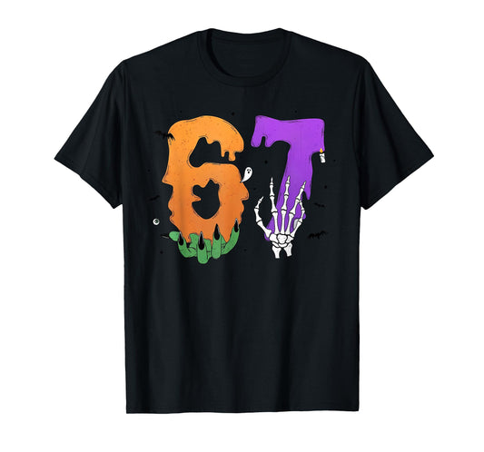 67 Skeleton Monster Hand Sign Meme Halloween Girls Boys Kids T-Shirt