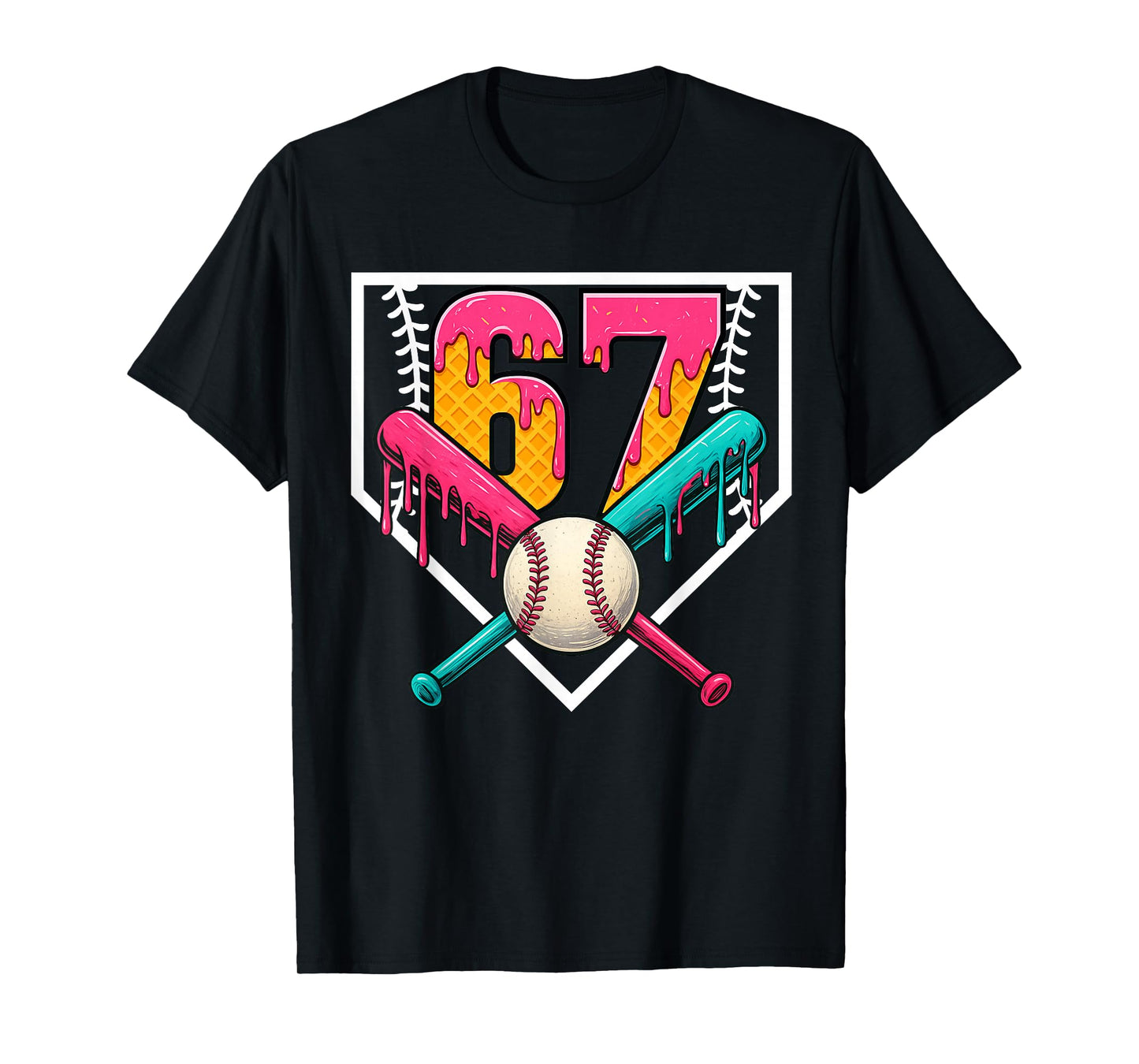 Baseball Ice Cream Drip Number 67 Player 67th Birthday T-Shirt