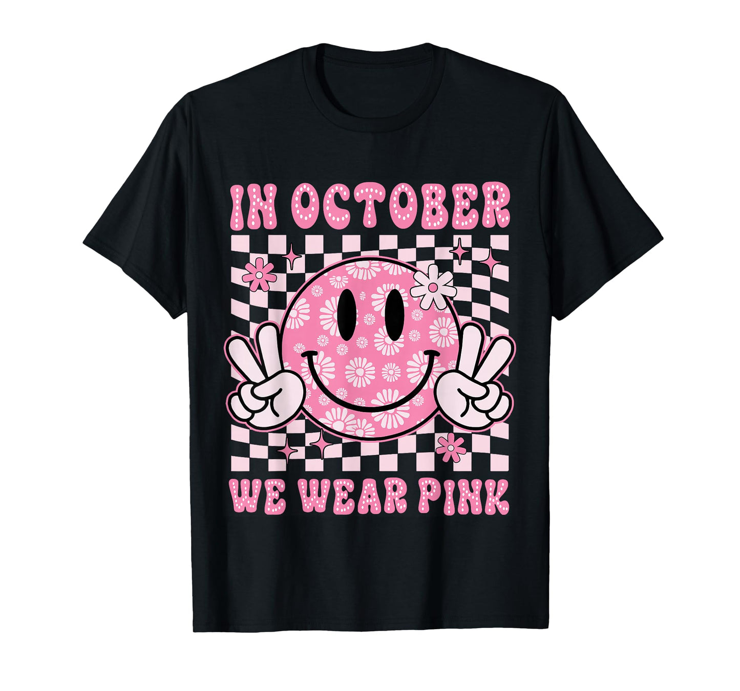 In October We Wear Pink Groovy Smile Face Breast Cancer T-Shirt