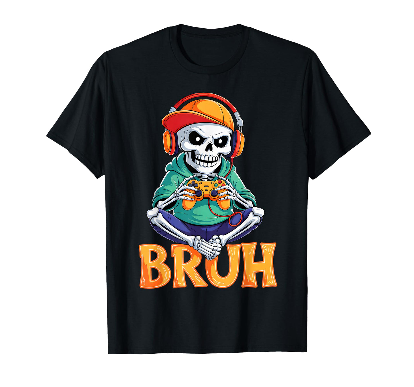 Bruh Halloween Boys Kids Gamer Mens Skeleton Video Gaming T-Shirt