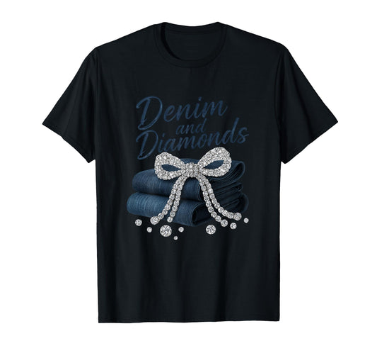 Denim and Diamonds Bow Ladies Girls Women Western Glam T-Shirt
