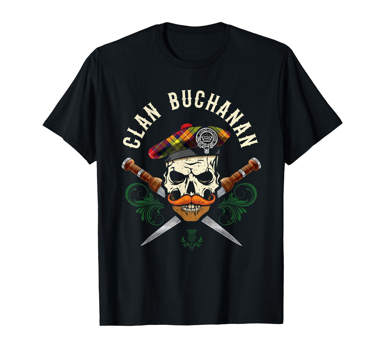 Buchanan Surname Scottish Clan Skull Tam Dirks Tartan Badge T-Shirt