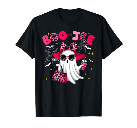 Cute Boo JEE Ghost Halloween Pink Leopard Bow Ghost T-Shirt