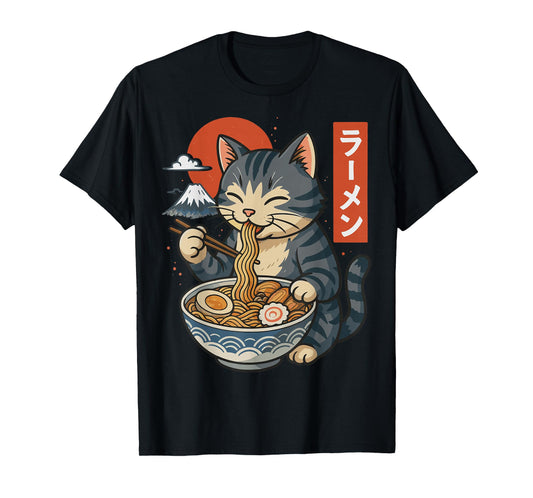 Anime Cat Eating Ramen Retro Kawaii Ramen Cat T-Shirt