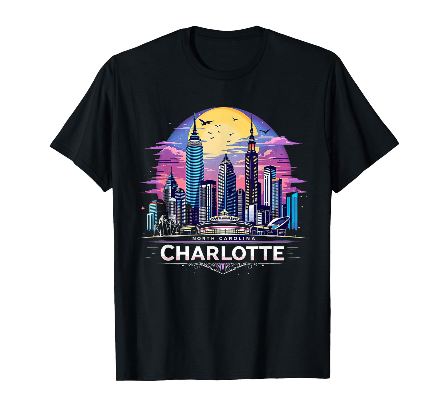 Vintage Charlotte North Carolina Sunset Skyline Cityscape T-Shirt