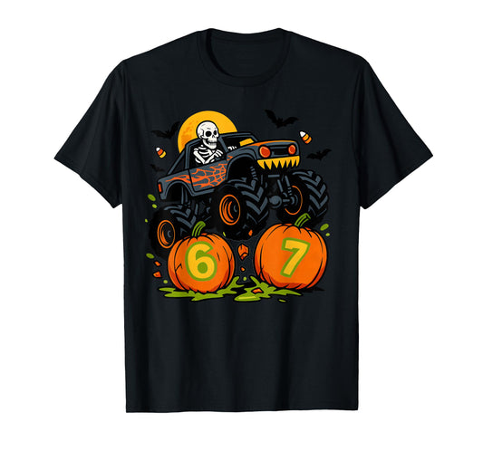 67 Halloween Monster Truck Skeleton Six Seven Meme Boys Kids T-Shirt