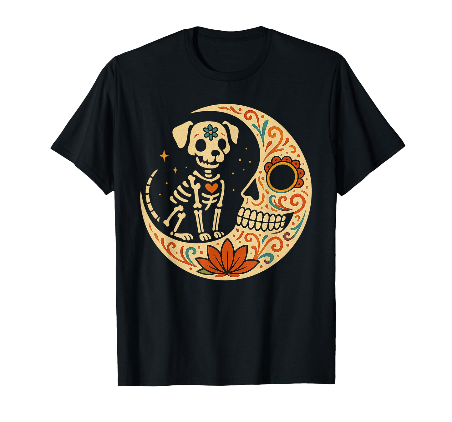 Sugar Skull Dog Moon Dia de Los Muertos Funny Halloween T-Shirt
