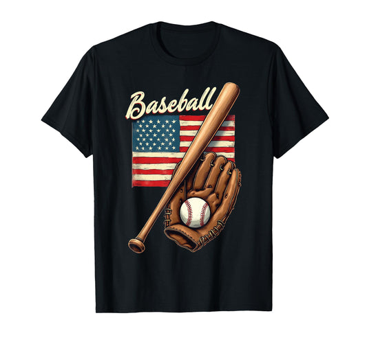 American Flag Baseball Player Bat Fan Catcher Pitcher USA T-Shirt
