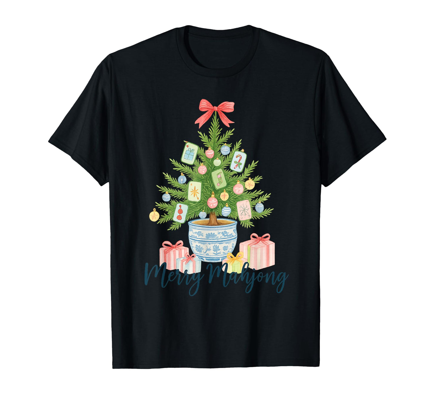 Merry Mahjong Christmas Tree Chinoiserie Holiday T-Shirt