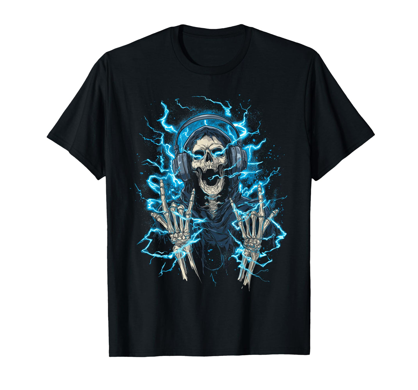 Y2k Gothic Emo Skull Electric Skeleton DJ Headphones T-Shirt