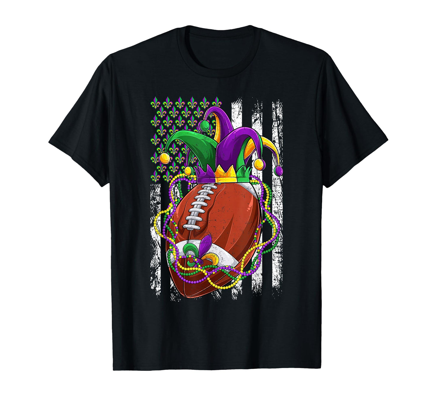 Funny Football With Jester Hat & Beads USA Flag Mardi Gras T-Shirt