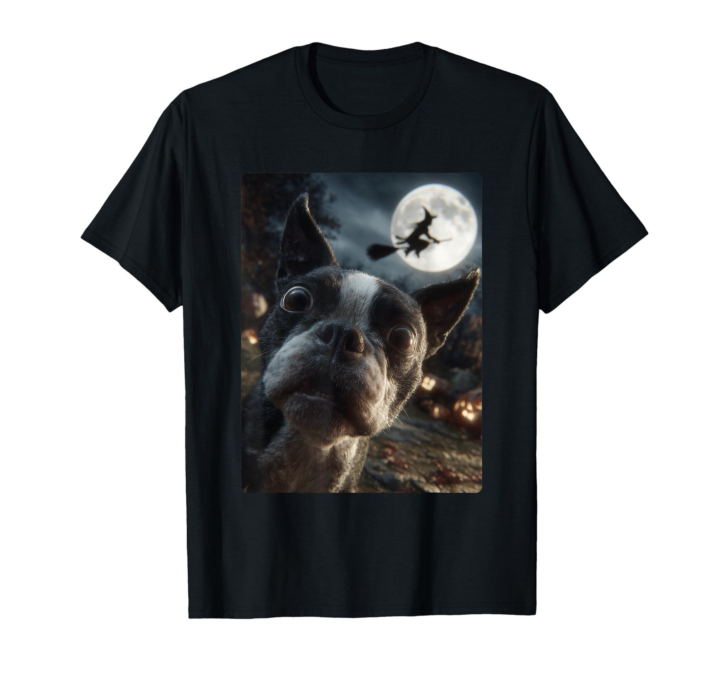 Boston Terrier Selfie Full Moon Flying Witch Halloween Dog T-Shirt