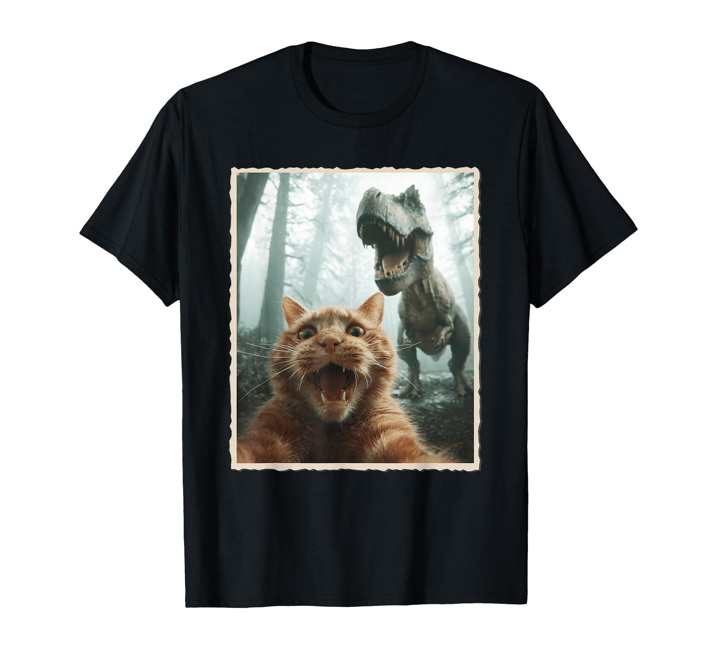 Cat Selfie with Dinosaur, Funny Scared Cat Photo T-Shirt