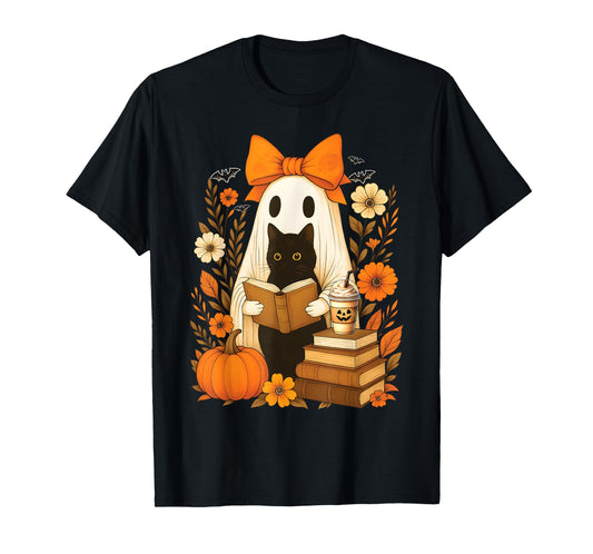 Groovy Floral Vintage Halloween Ghost Reading Book Cat Lover T-Shirt