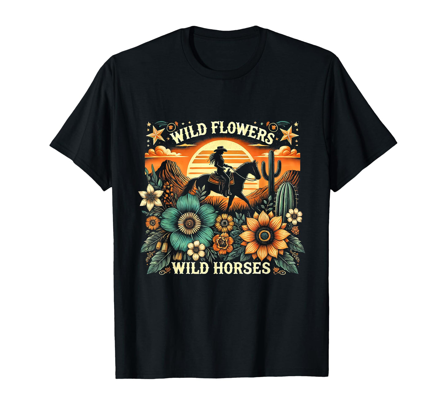 Sunset Cowgirl Riding Horse Wild Flowers - Wild Horses T-Shirt