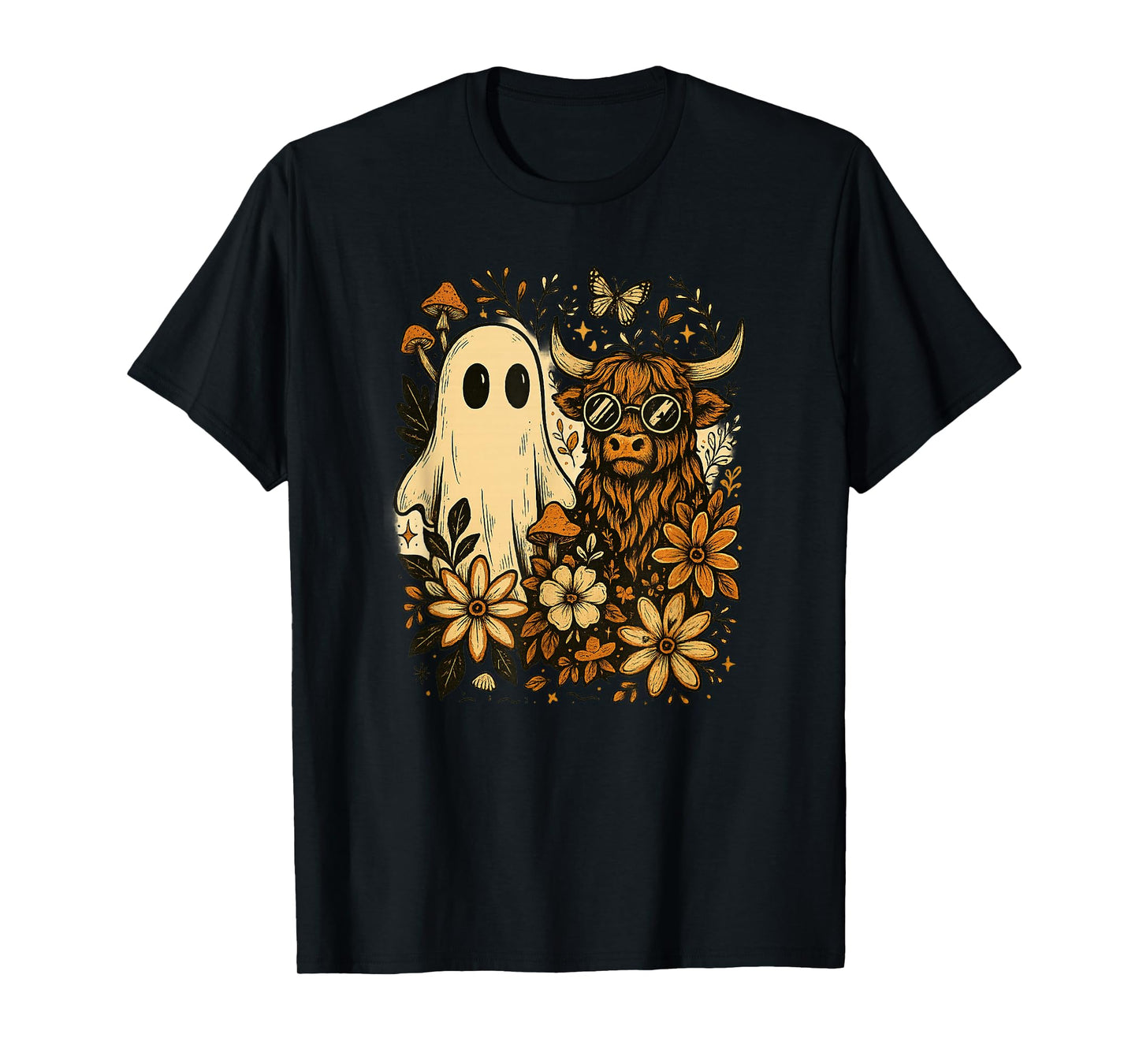 Highland Cow & Ghost Retro Autumn Floral Aesthetic T-Shirt