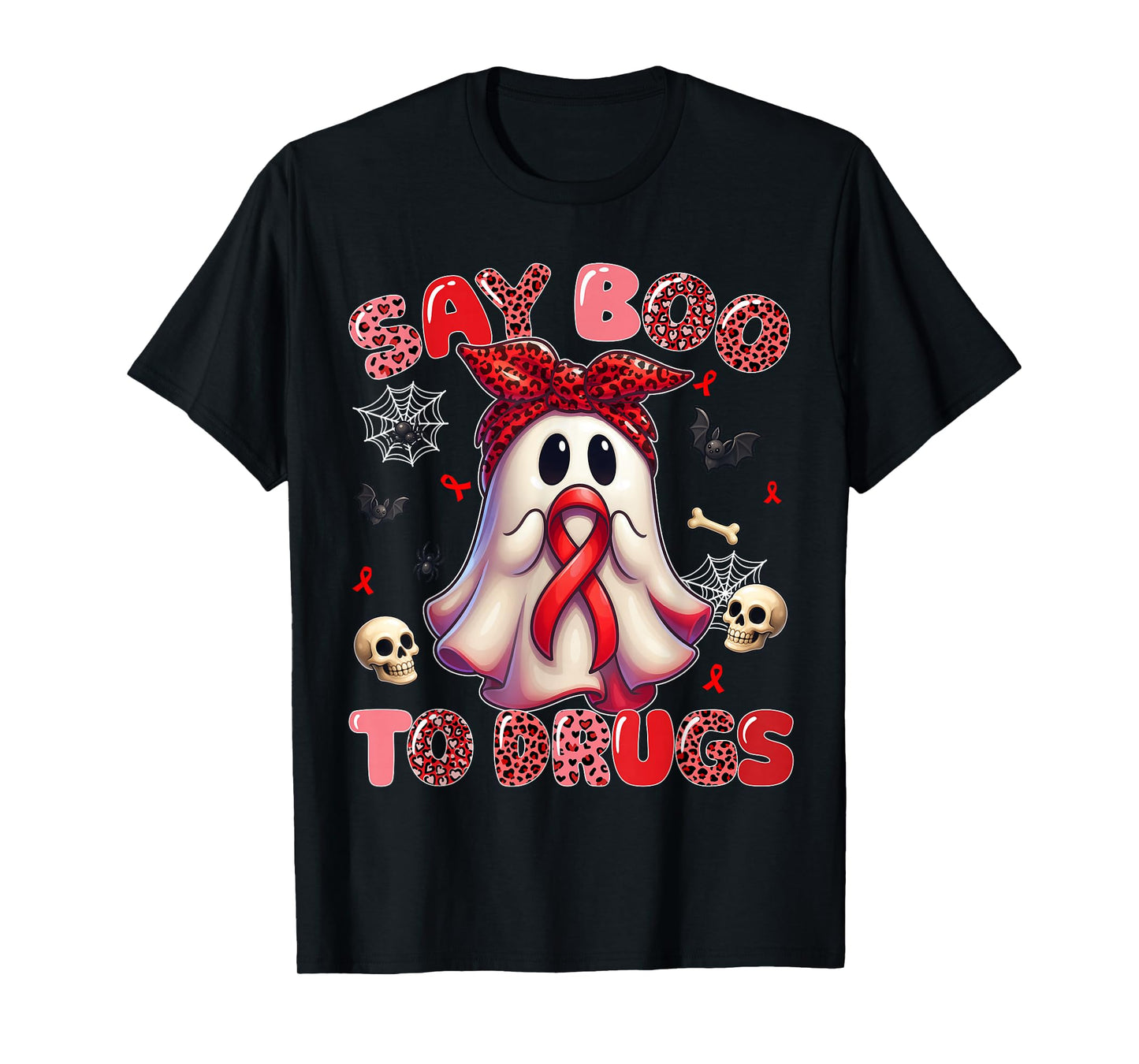 Say Boo to Drugs Leopard Red Ribbon Week Awareness Women T-Shirt