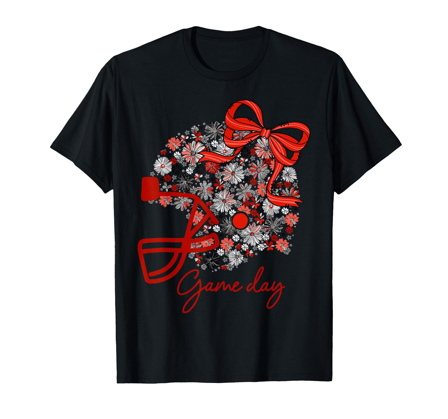 Floral Football Game Day Girly Team Spirit Black Red & White T-Shirt