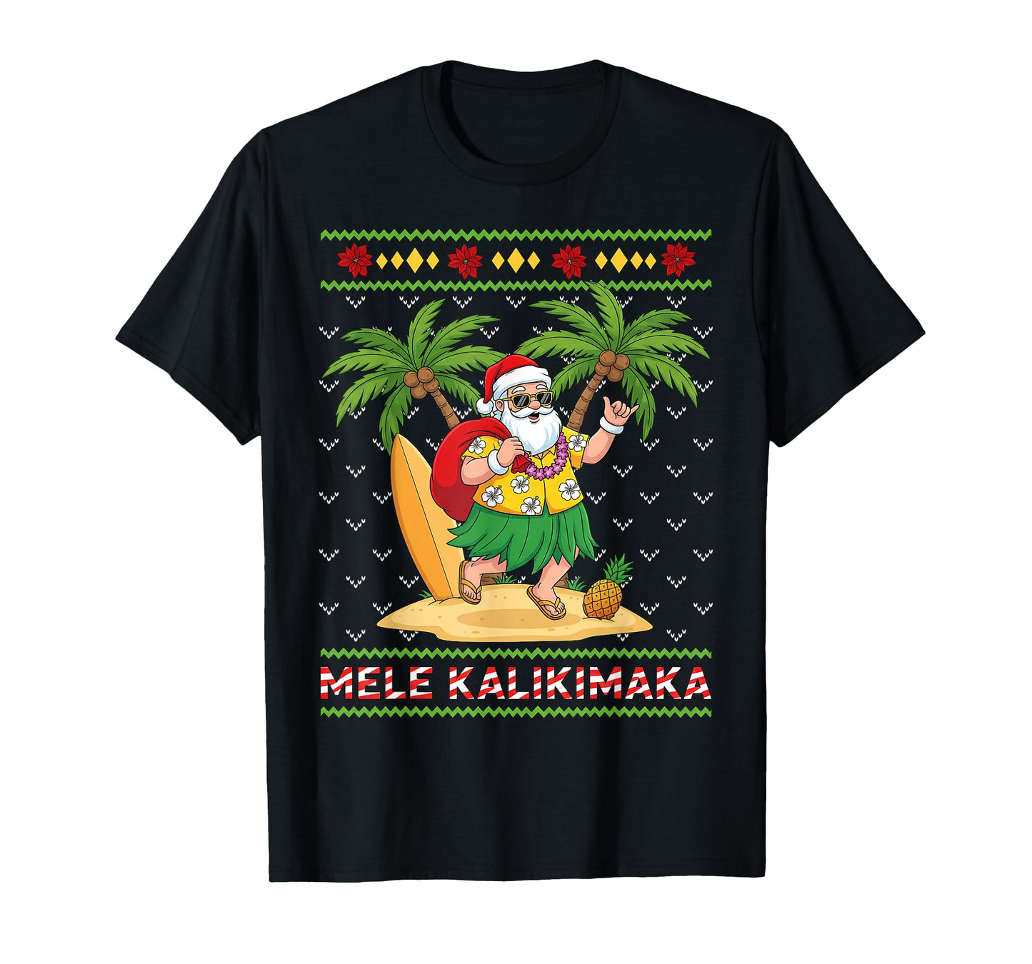 Mele Kalikimaka Retro Santa Shaka Hawaii Ugly Christmas T-Shirt