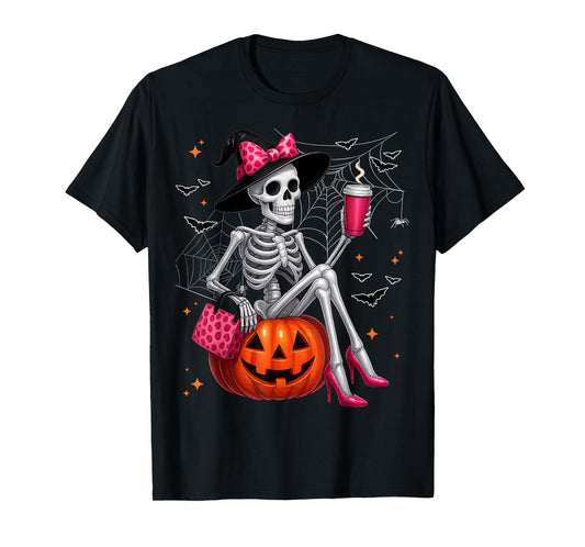 Cute Skeleton Drinking Coffee Lover Halloween Costumes Women T-Shirt