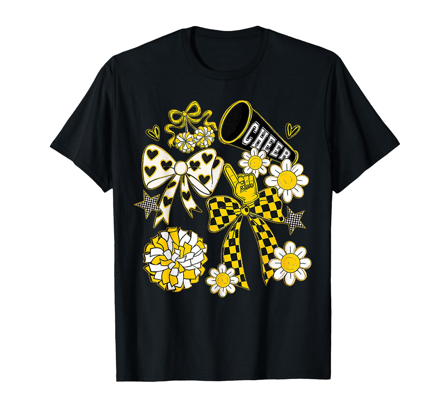 Coquette Bow Football Gold Black Game Cheer Mom Touchdown T-Shirt