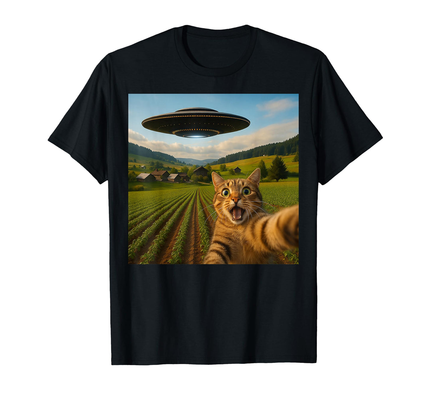 Funny Cat Selfie with Alien UFO for Men Women Kid T-Shirt