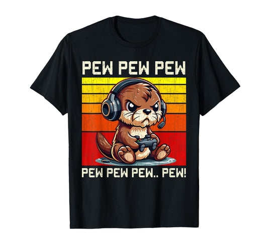 Otter Gamer Pew Funny Video Games Vintage Boys Men Girls T-Shirt