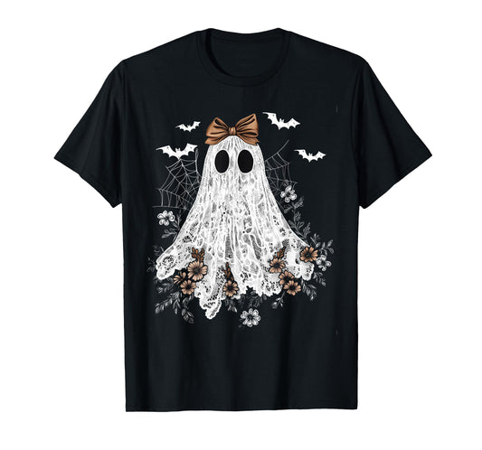 Cute Floral Lace Ghost Boujee Coquette Bow Spooky Halloween T-Shirt