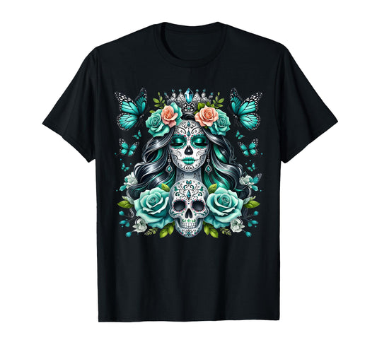 De Los Muertos La Catrina Day of The Dead Floral Sugar Skull T-Shirt