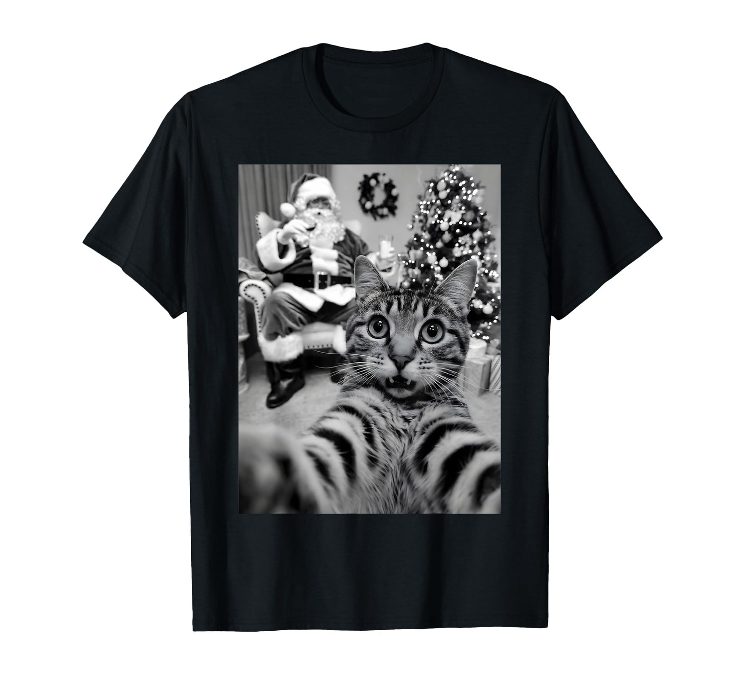 Christmas Santa Claus Merry X-Mas Funny Cat Selfie T-Shirt for Men Women Kids