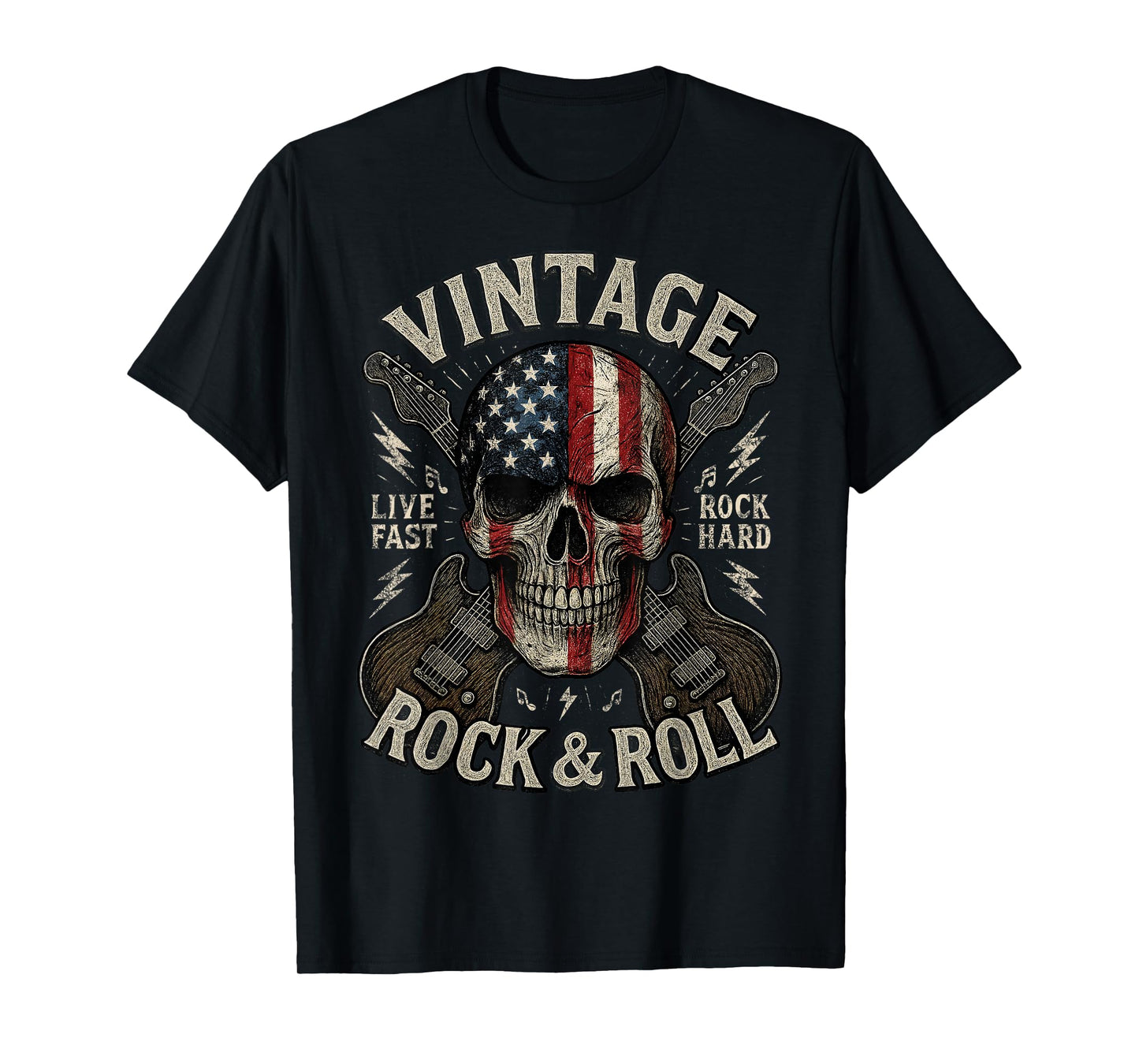 Vintage Rock Skull American Flag Guitar Retro Rock and Roll T-Shirt