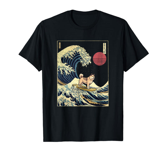 Akita Japanese Kanagawa Wave Funny Surf Dog T-Shirt