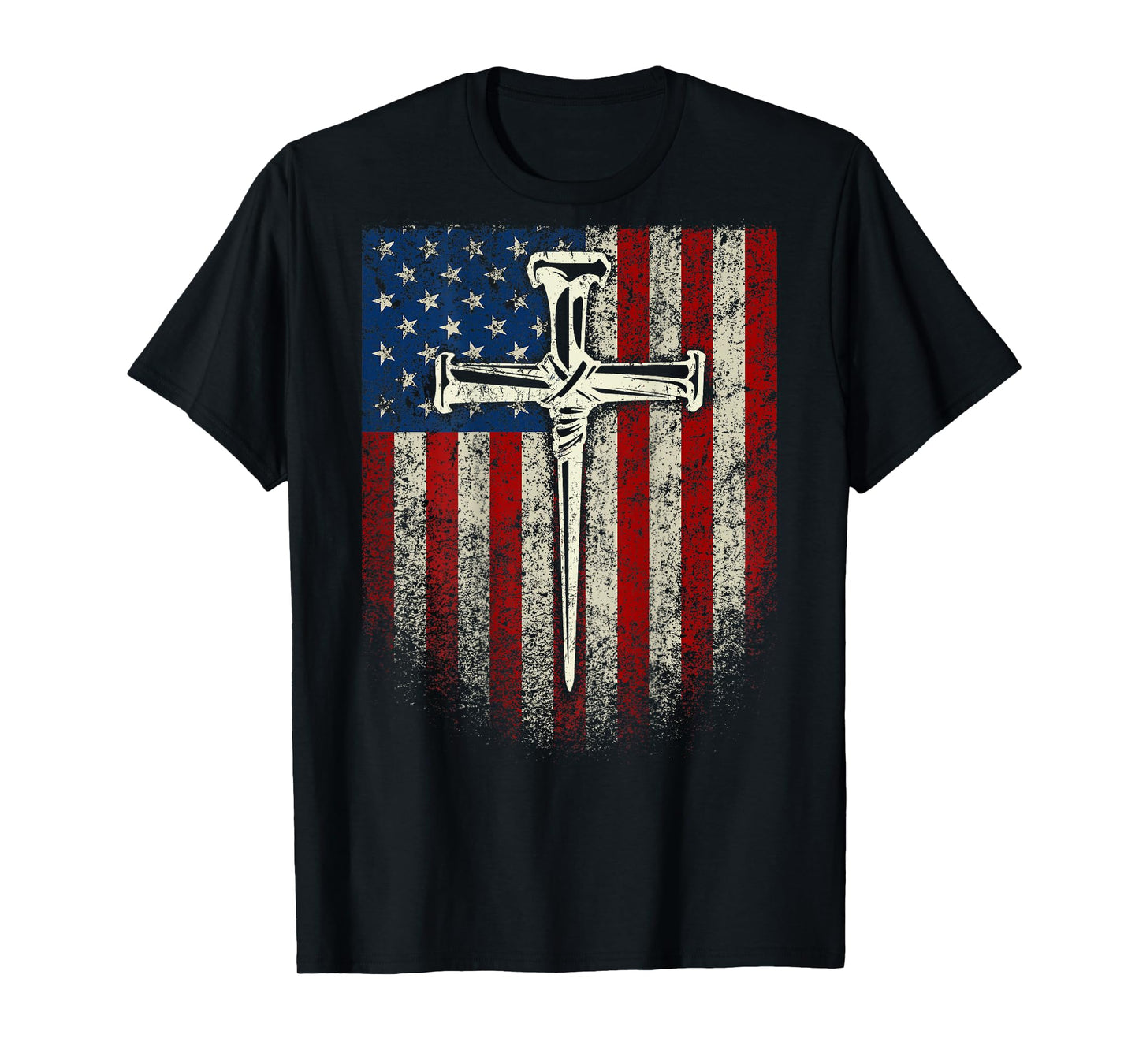 (Art on Back) American US Flag Cross Christian T-Shirt