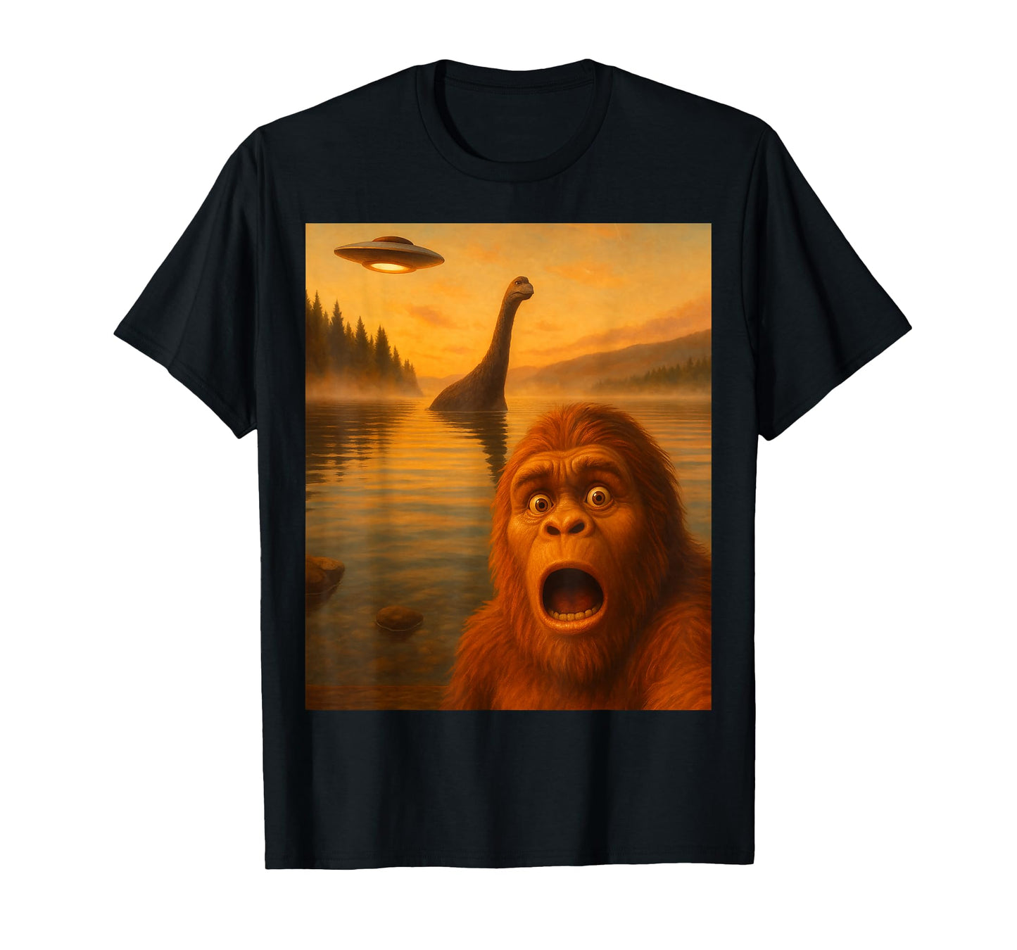 Bigfoot Selfie With Loch Ness UFO Alien Gifts Men Women Kids T-Shirt